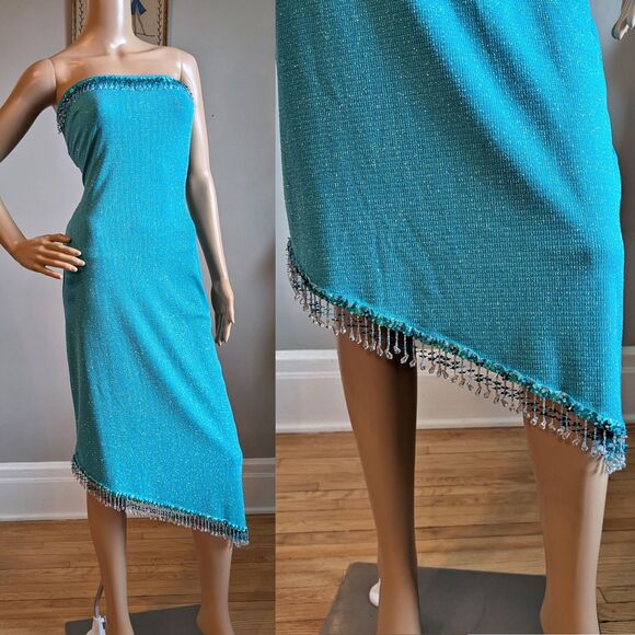 Vintage 90s Y2K Gunne Sax Strapless Prom Dress Midi Blue Glitter Tassel Fringe 5 - Picture 1 of 16